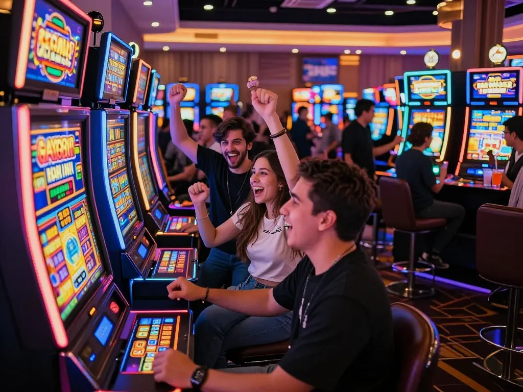 Excited players celebrating a win at a vibrant slot gacor hari ini in a bustling casino atmosphere.