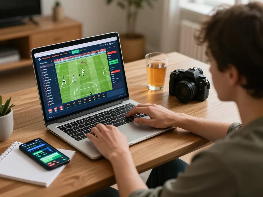 Engaging scene of online sports betting showing live kèo nhà cái hôm nay on a laptop