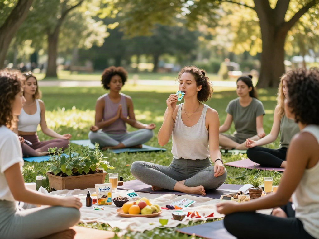 Muha Meds disposable vape surrounded by friends enjoying natural wellness activities outdoors in a serene park setting.