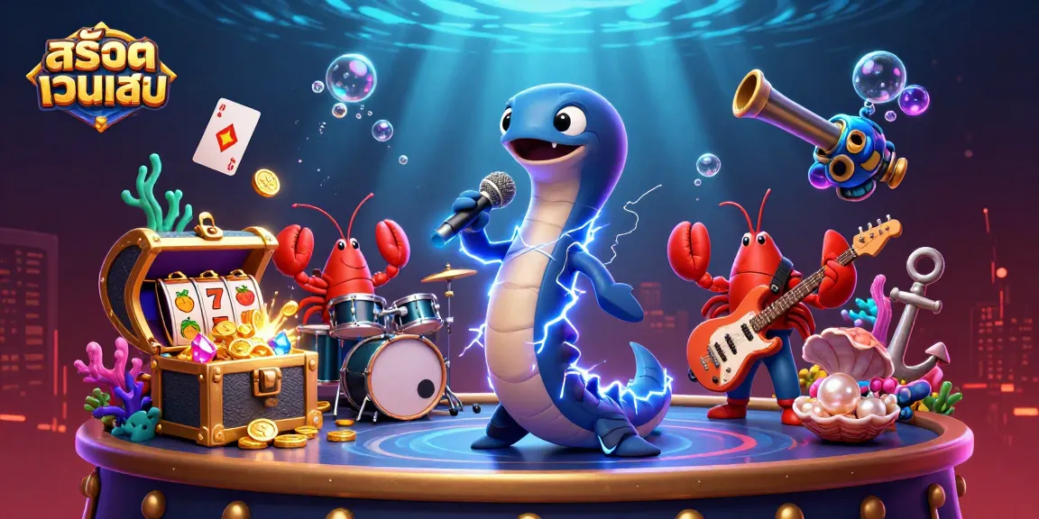Engage with สล็อตเว็บตรง through an upbeat underwater casino scene featuring vibrant characters and rich game elements.