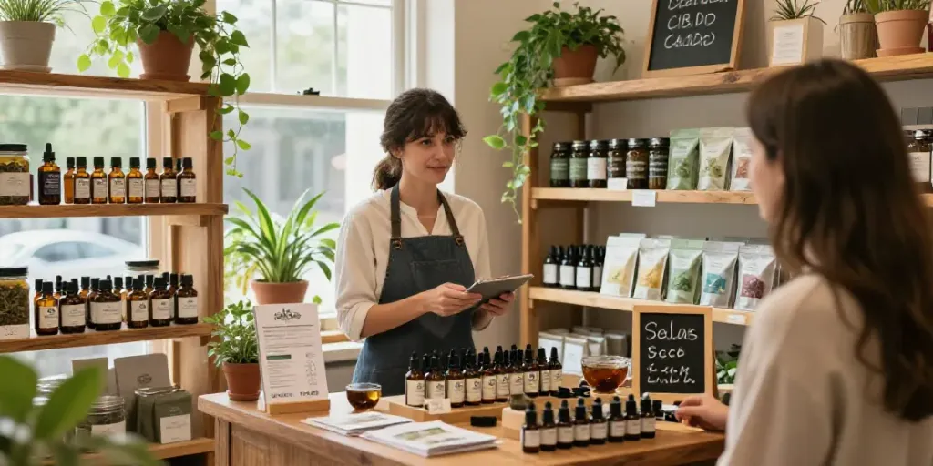 CBD kaufen in a cozy herbal shop with jars of oils, vapes, and teas displayed invitingly.