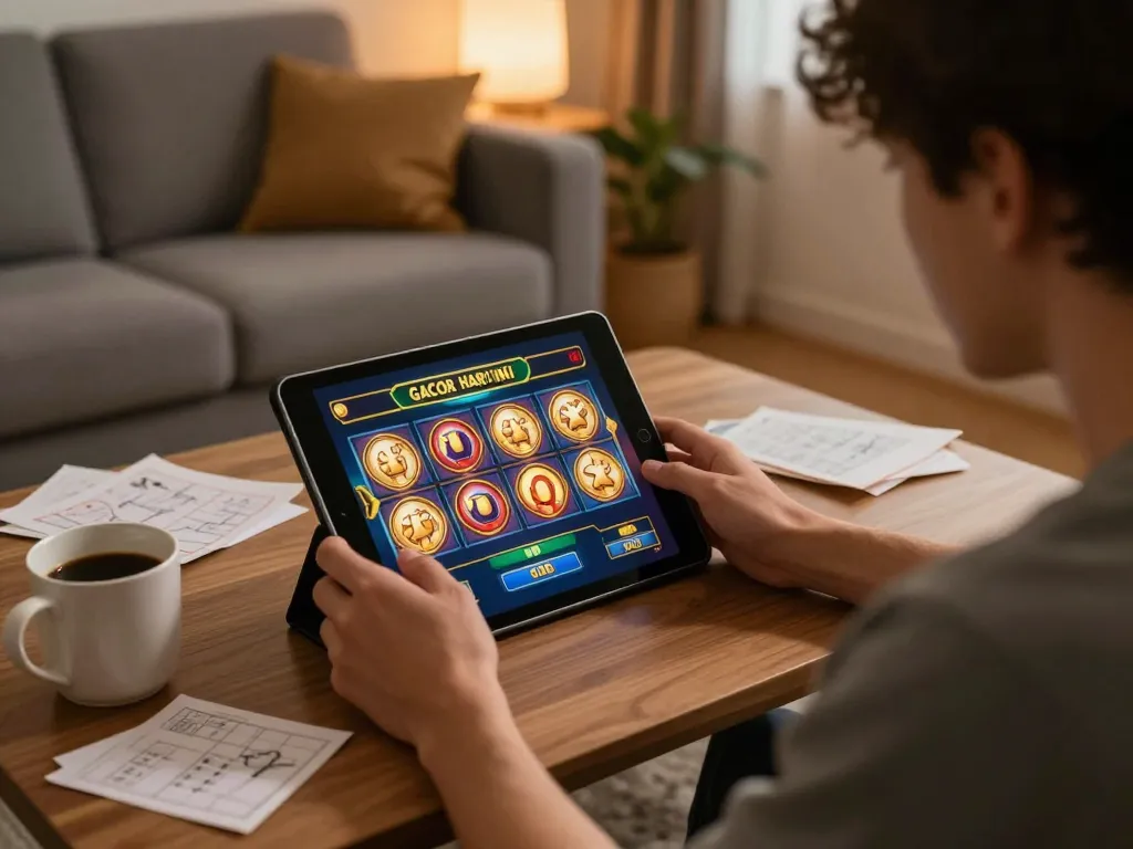 Player enjoying a thrilling session of slot gacor hari ini on a tablet, cozy home atmosphere.