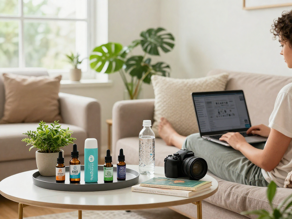 The 10/10 boys vape products arranged in a relaxing living room setting, showcasing organic CBD oils and natural wellness items.