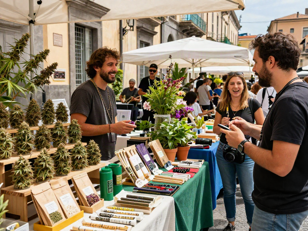 Cheerful vendor at outdoor market showcasing Napoli Weed strains amid vibrant community atmosphere.