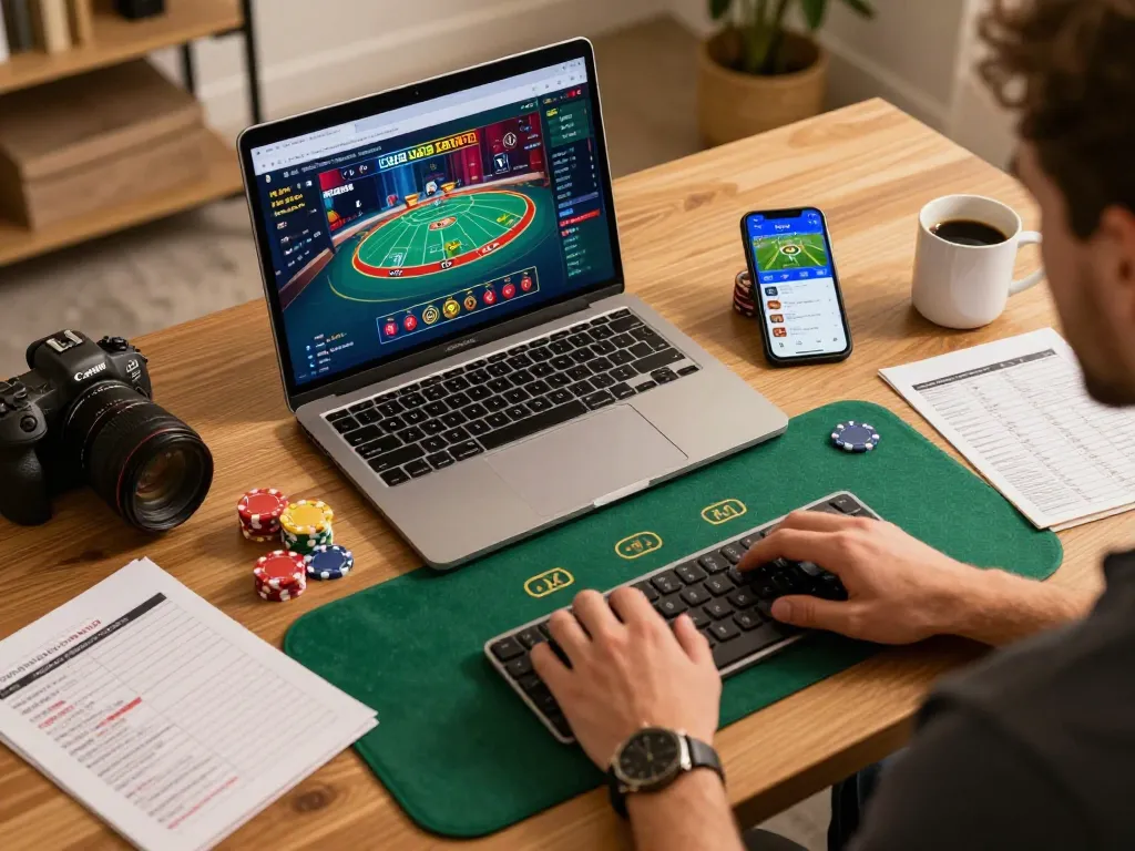 Enjoying engaging gameplay at trang chủ gg88 with an inviting online gambling setup featuring a laptop and mobile app.