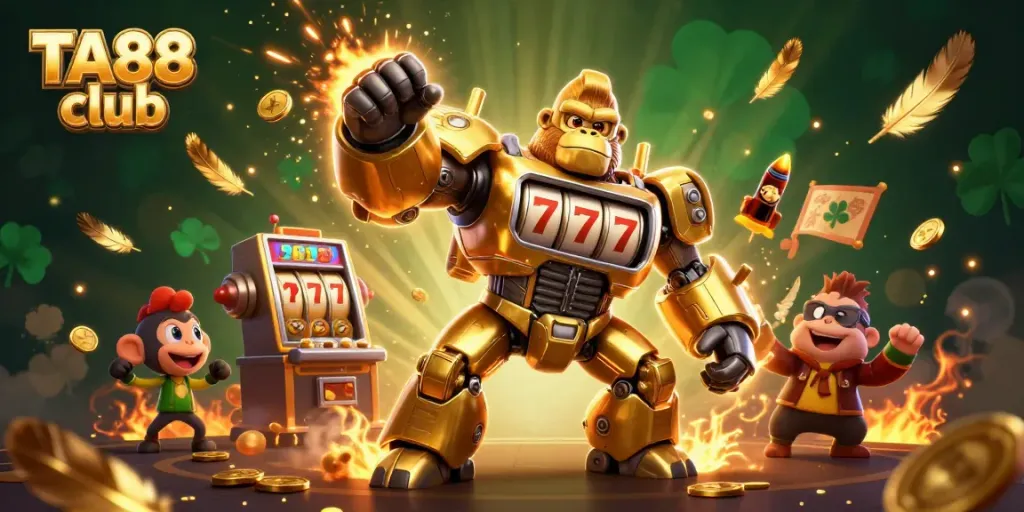 Experience thrilling wins at TA88 club with a dynamic 3D illustration showcasing a golden gorilla mech amidst iconic casino elements.