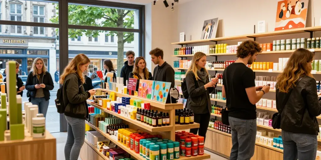 Exploring cannabis köln at a vibrant CBD shop showcasing various products.