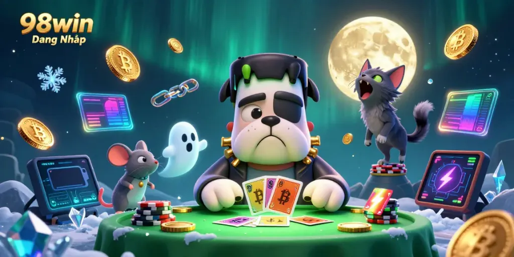 Play cards at 98win Đăng Nhập with a spooky green table and cartoon monster dealer
