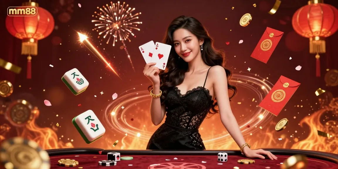 Experience thrilling mm88 casino action with Asian woman holding playing cards amid vibrant gaming elements.