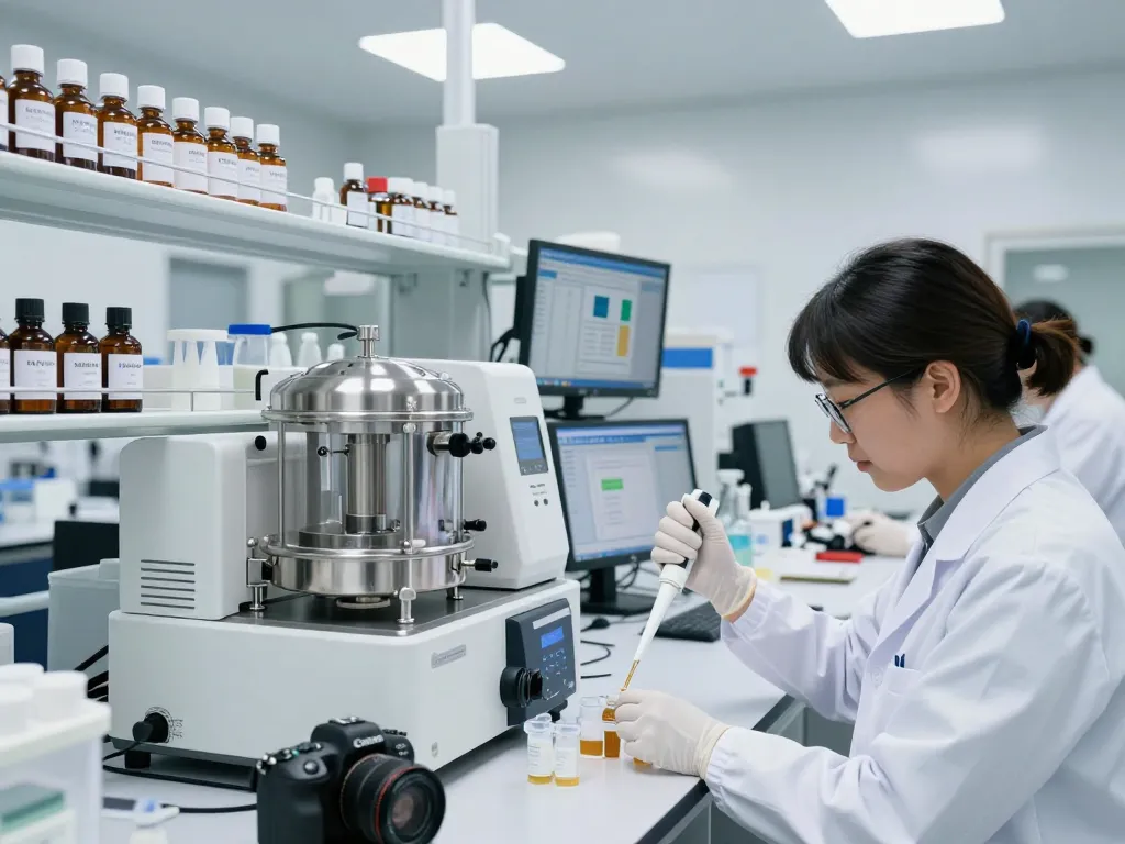 EU cannabinoid manufacturer technicians analyzing extracts in a modern lab setting, showcasing quality and precision.