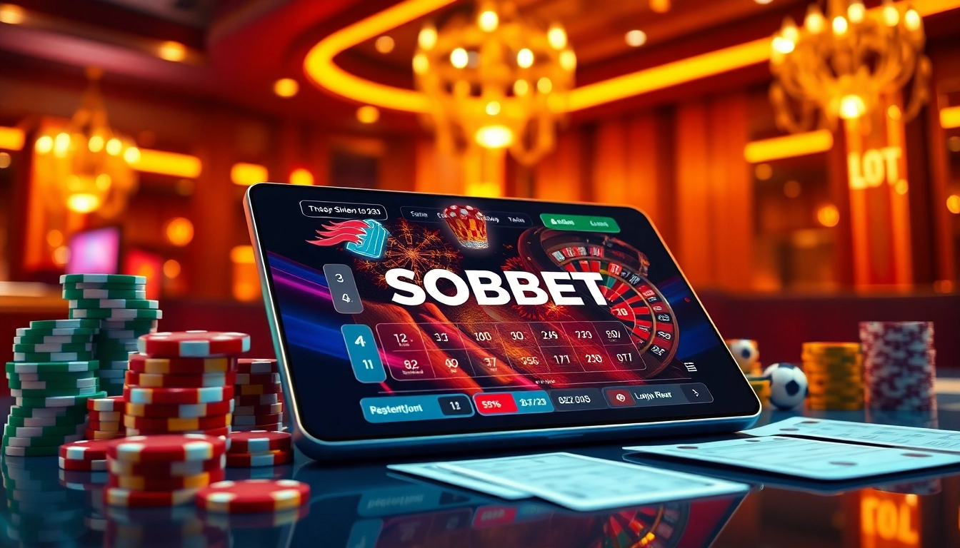 Experience seamless sbobet login while enjoying vibrant online gambling atmosphere with poker chips and roulette.
