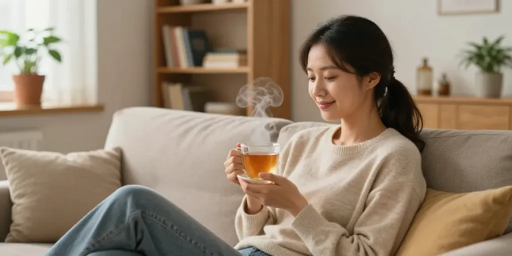 Entspannt eine Tasse CBD Tee genießen, CBD kaufen für Wohlbefinden.