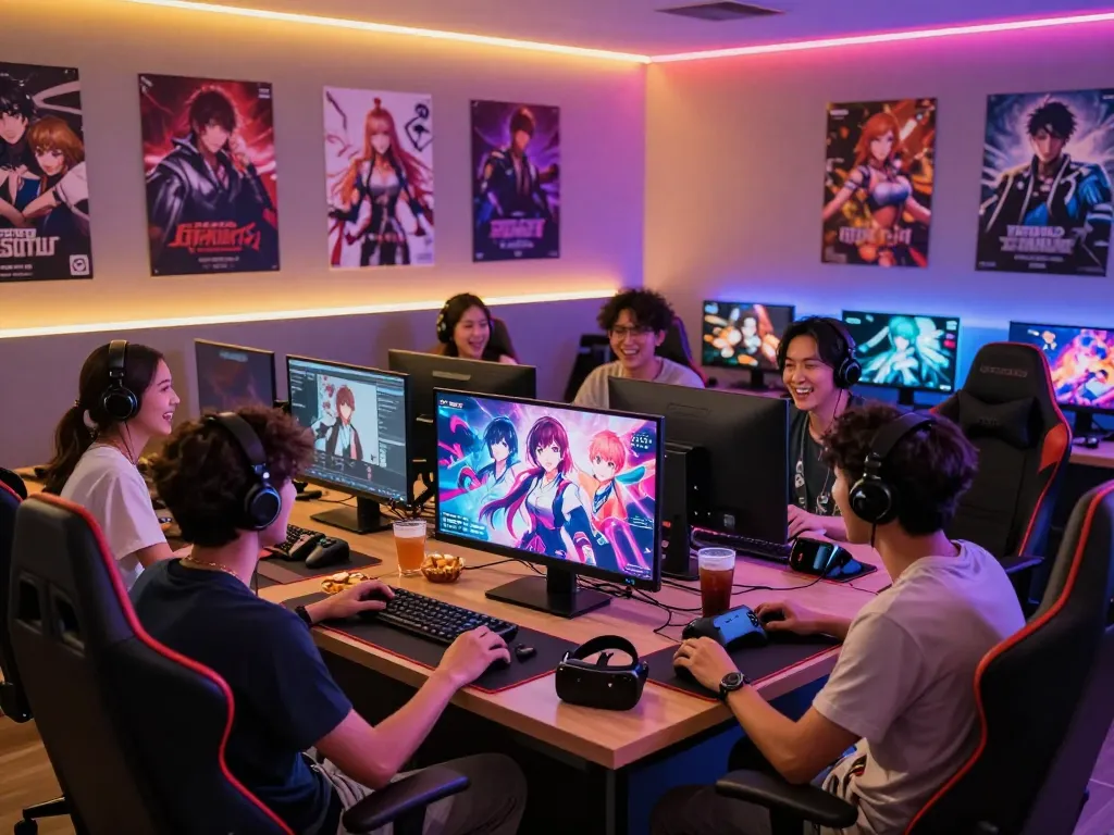 Group of gamers enjoying adult visual novel games online in a colorful lounge, showcasing sex games online.