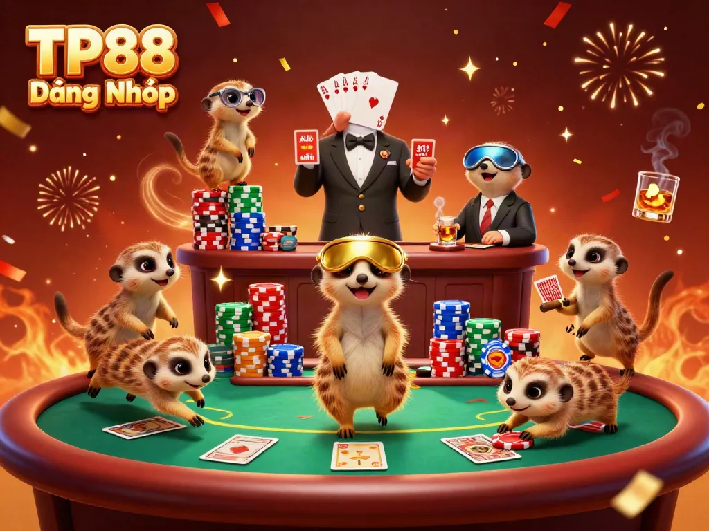 Experience a vibrant TP88 Đăng Nhập casino scene with lively meerkats at a poker table amidst festive confetti.