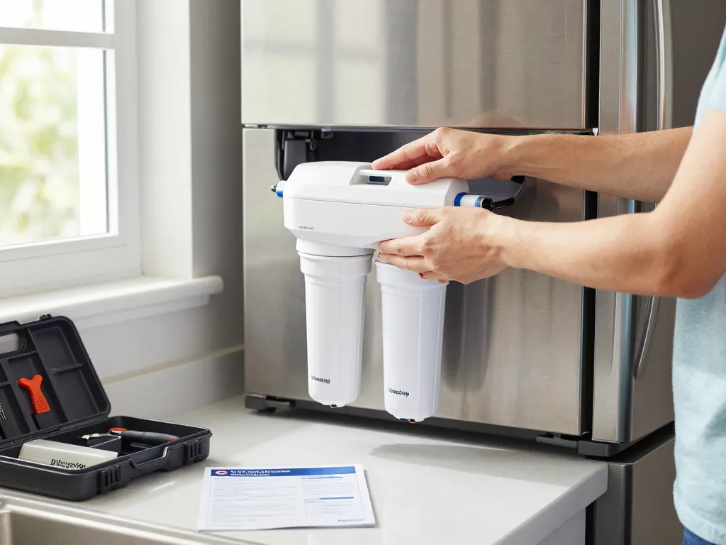 Waterdrop DA29-00020B Replacement for Samsung® Water Filter HAF-CIN/EXP, DA29-00020B showcased during installation in a bright kitchen.