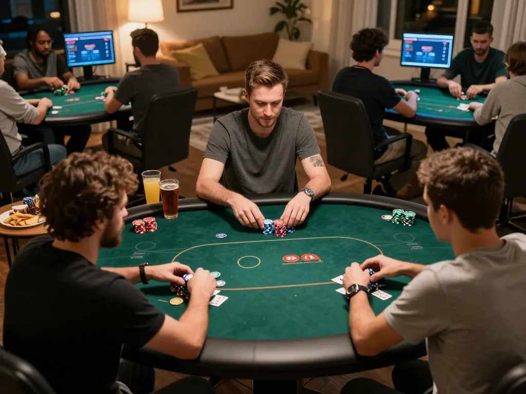 Players engaged in online poker gameplay featuring 388bet's platform with chips and drinks.