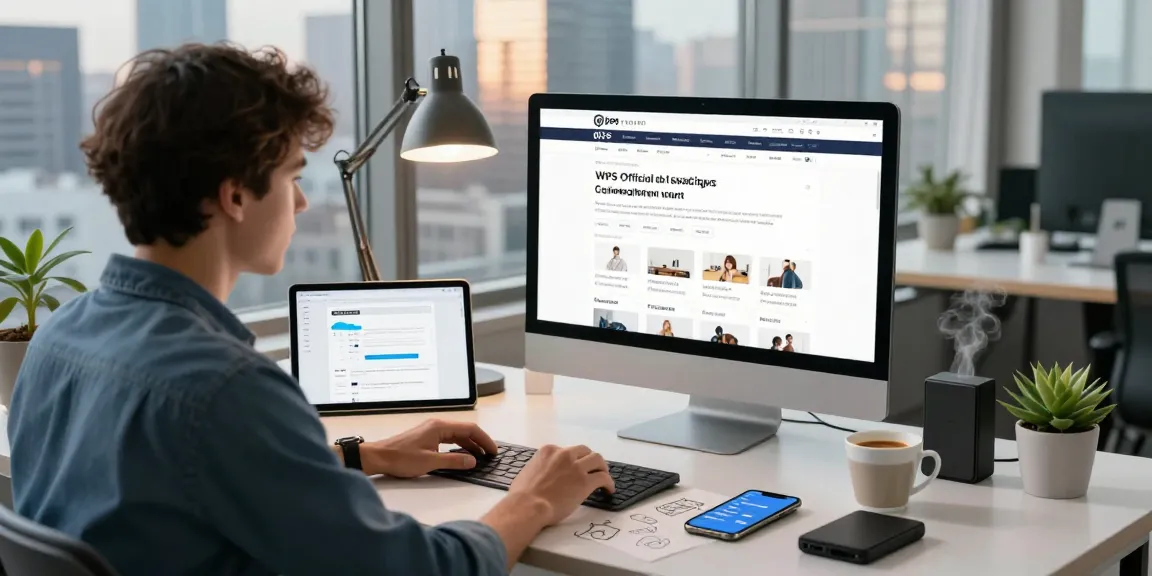 A focused professional exploring the WPS Official Website at a modern workspace, showcasing technology and productivity tools.