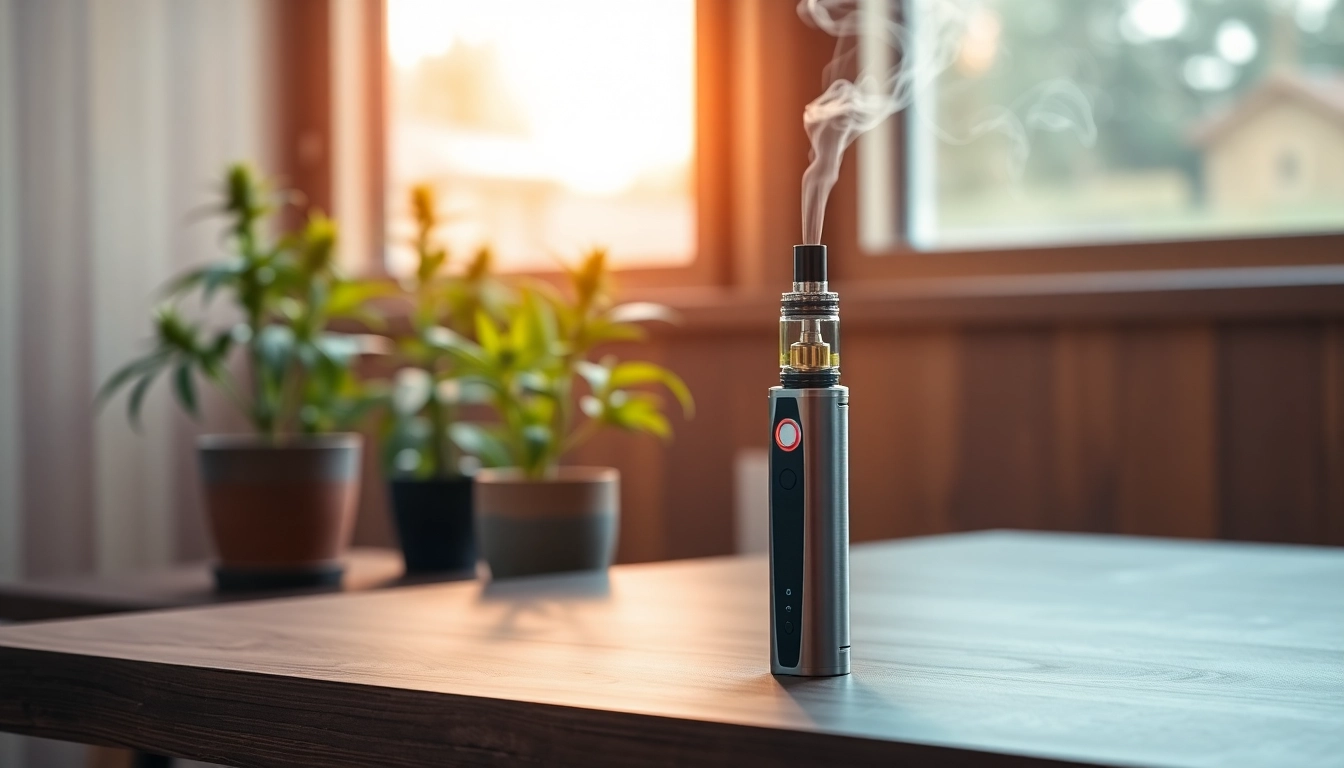 Explore a sleek cannabis vape pen exuding vapor, surrounded by warm natural elements.