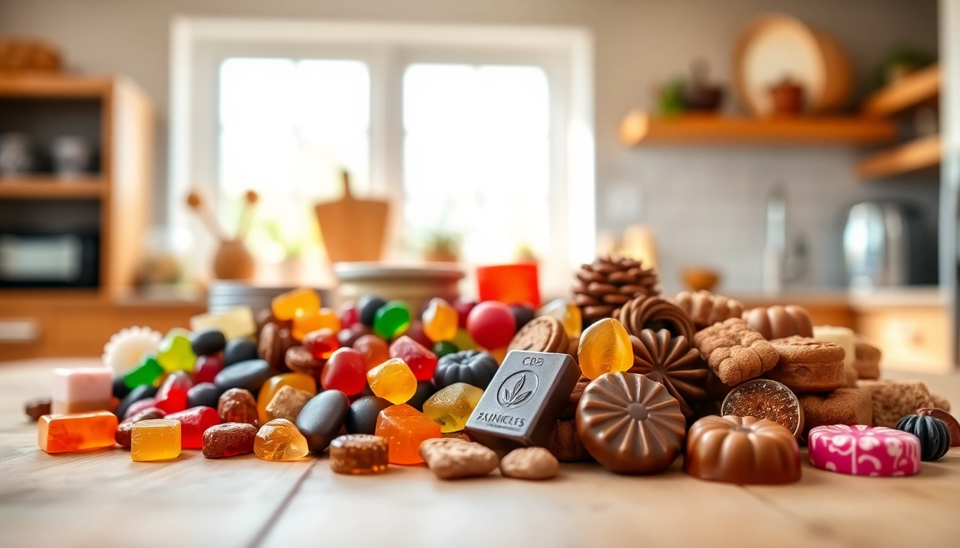 Showcase of wholesale cbd edibles featuring colorful gummies and chocolates in an inviting kitchen ambiance.