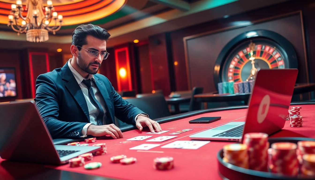 The strategic player at 6L777 CLUB prepares to win big at a vibrant poker table.