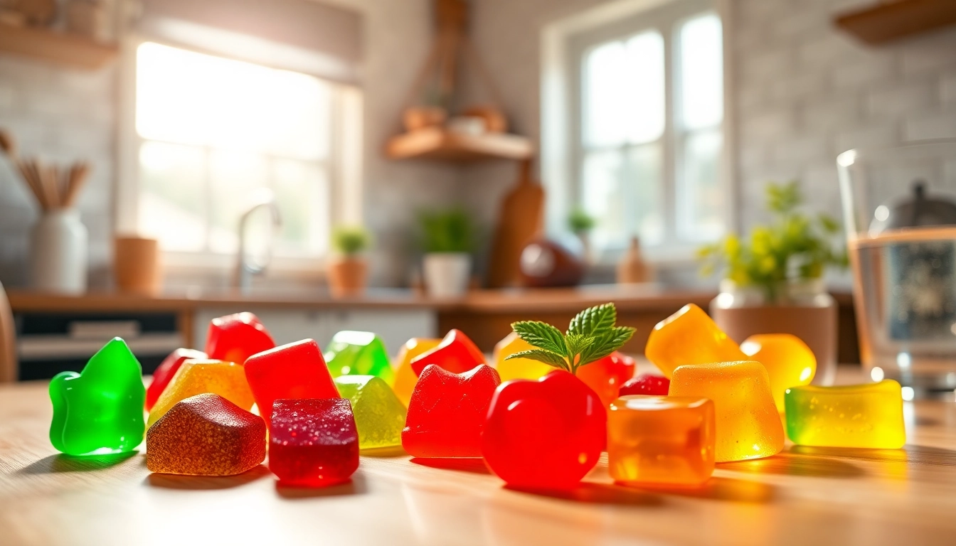 Discover Weed Gummies with vibrant colors and playful shapes in a cozy kitchen setting.