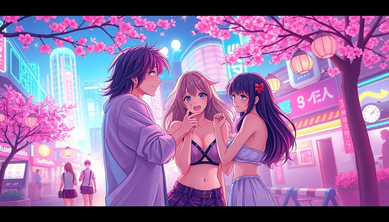 Anime sex-themed vibrant artwork featuring playful characters in a colorful fantasy cityscape.