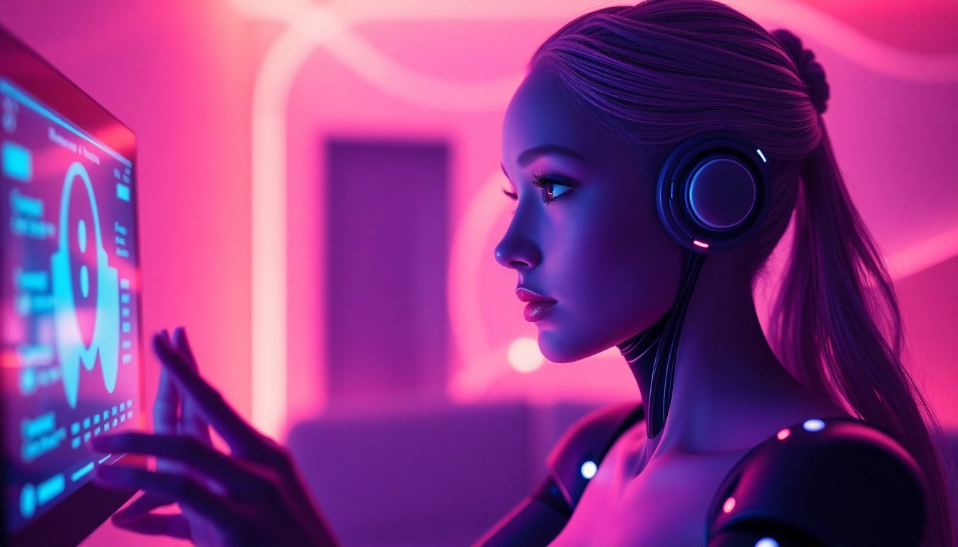 Engaging scene featuring an AI character in an intimate NSFW chat environment, showcasing vibrant colors and modern tech elements.