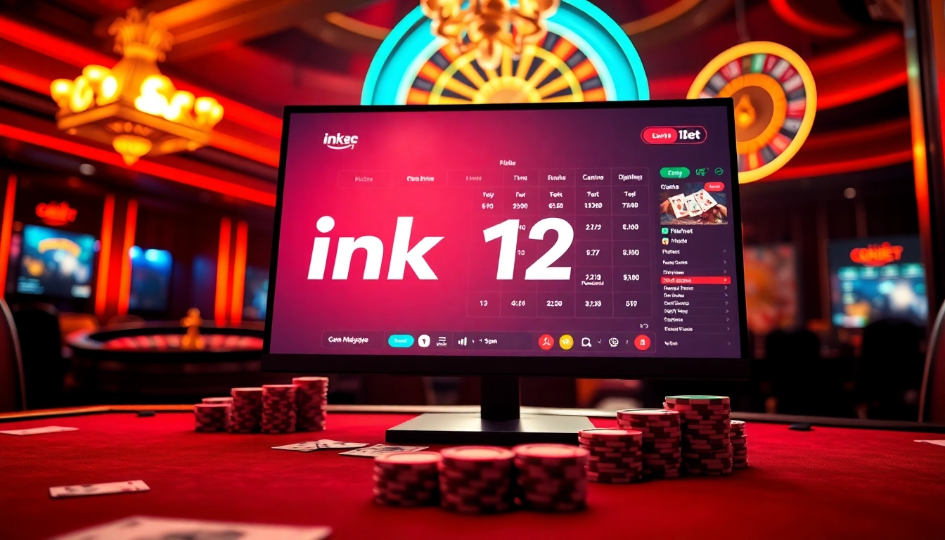 Engage in online betting with ink vao 12bet showcased on a vibrant casino interface filled with poker chips and roulette wheel.