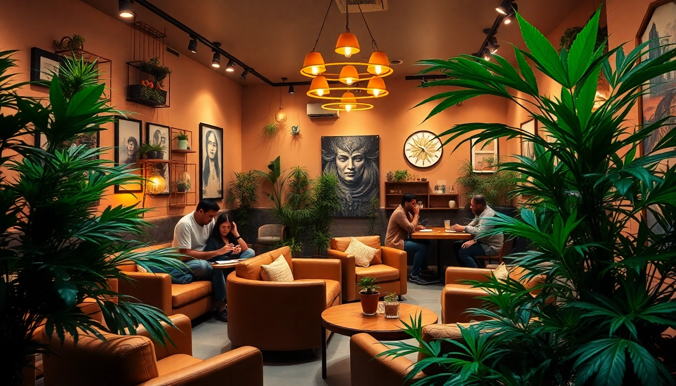 Members enjoying a relaxed atmosphere in a cannabis club with vibrant decor and comfortable seating.