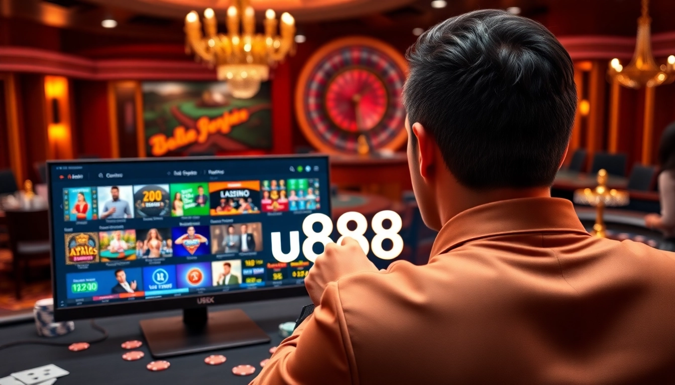 Gamer placing bets on u888's online casino platform, showcasing excitement and vibrant poker chips.