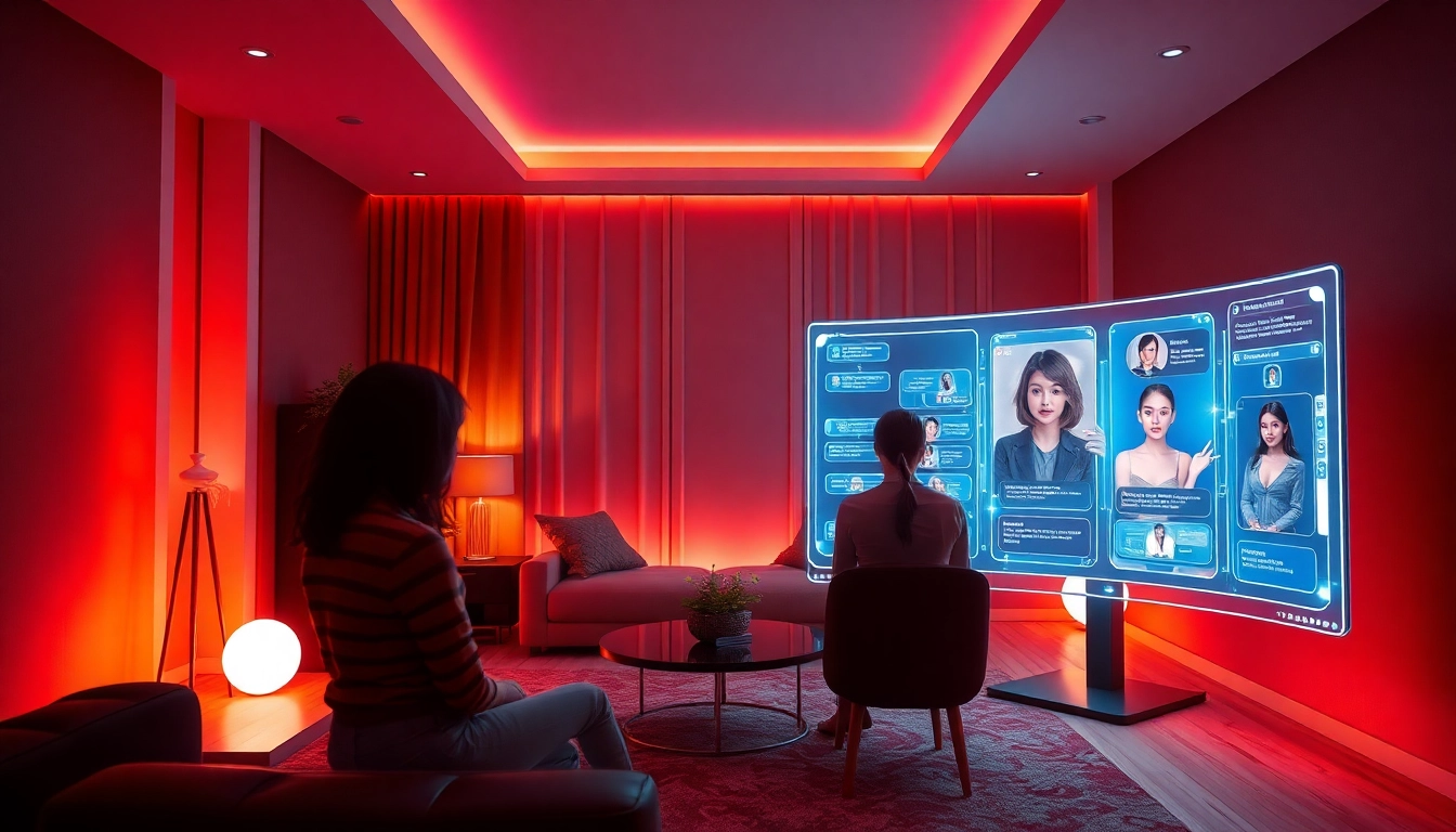 AI porn chat depicted through futuristic digital interaction in a vibrant, intimate setting.