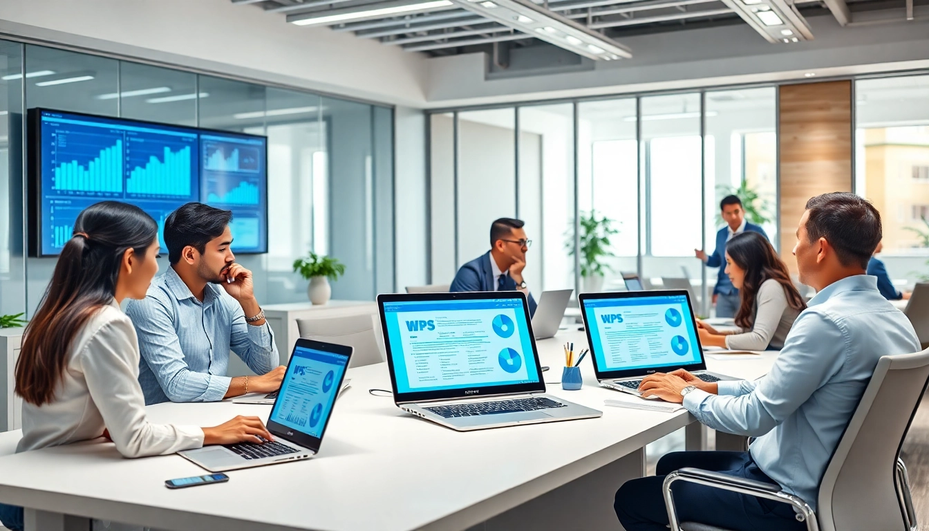 使用 WPS官网 软件的动态办公协作,展示团队合作与科技。