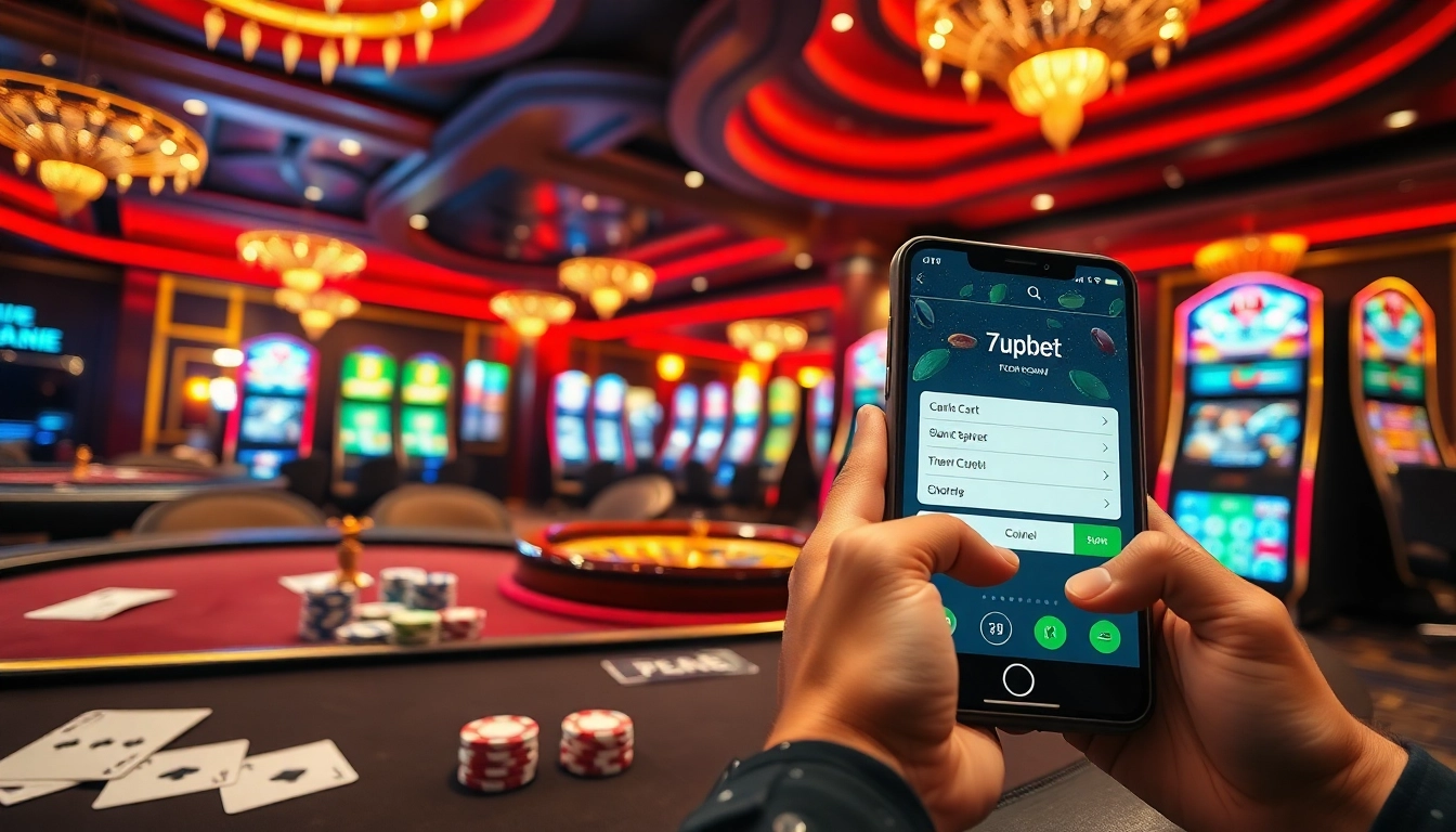 Experience the thrill of 7upbet login with luxurious casino visuals, highlighting poker and roulette games.