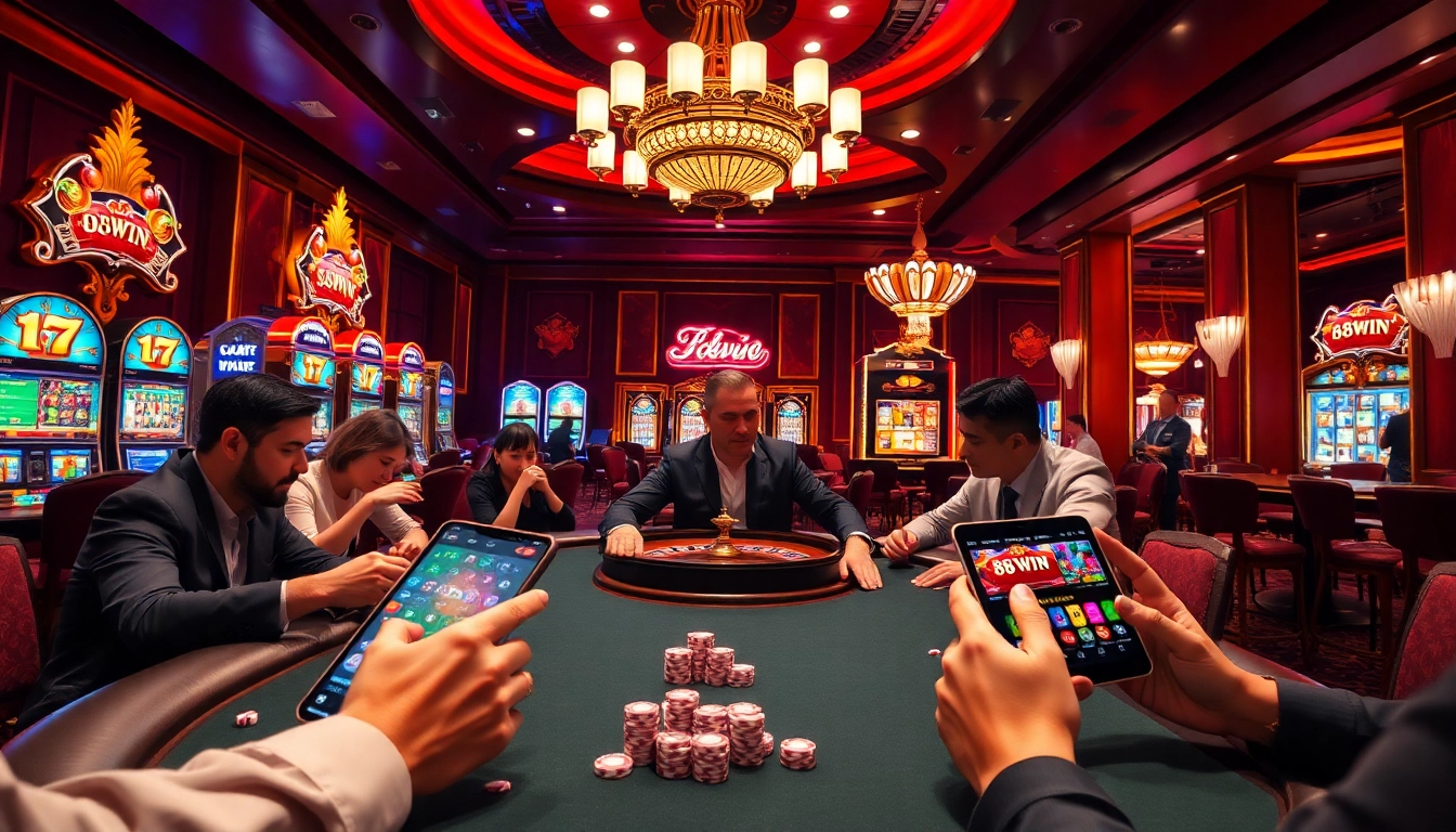 Exciting gambling scene at a 68win casino with poker tables, chips, and a roulette wheel.