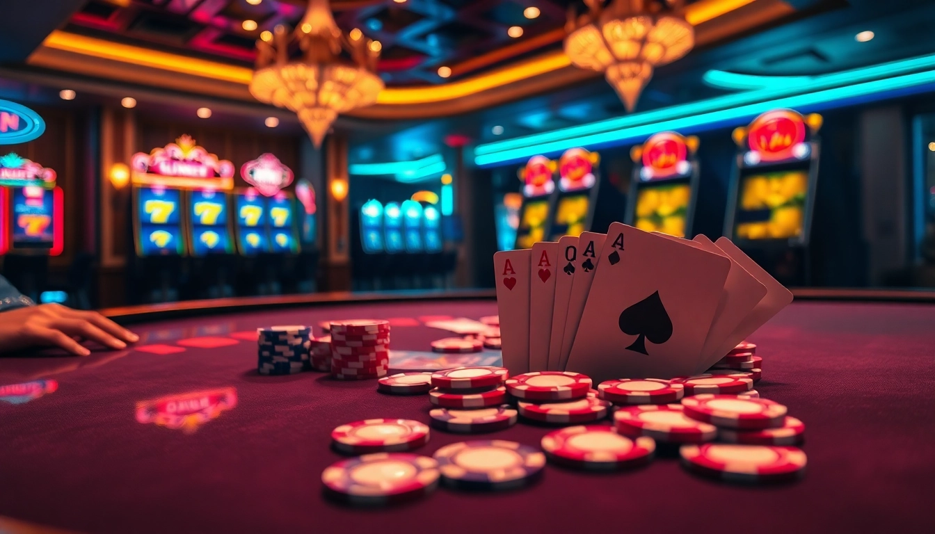 A vibrant casino scene showcasing gambling excitement at 88vv with poker chips and cards.