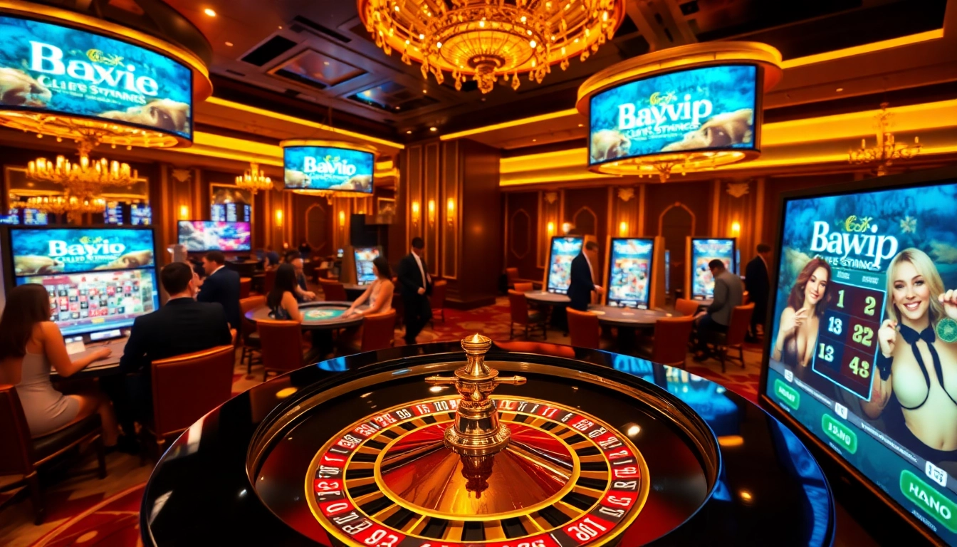 Play Bayvip at a luxurious casino, featuring vibrant gaming tables and thrilling action.