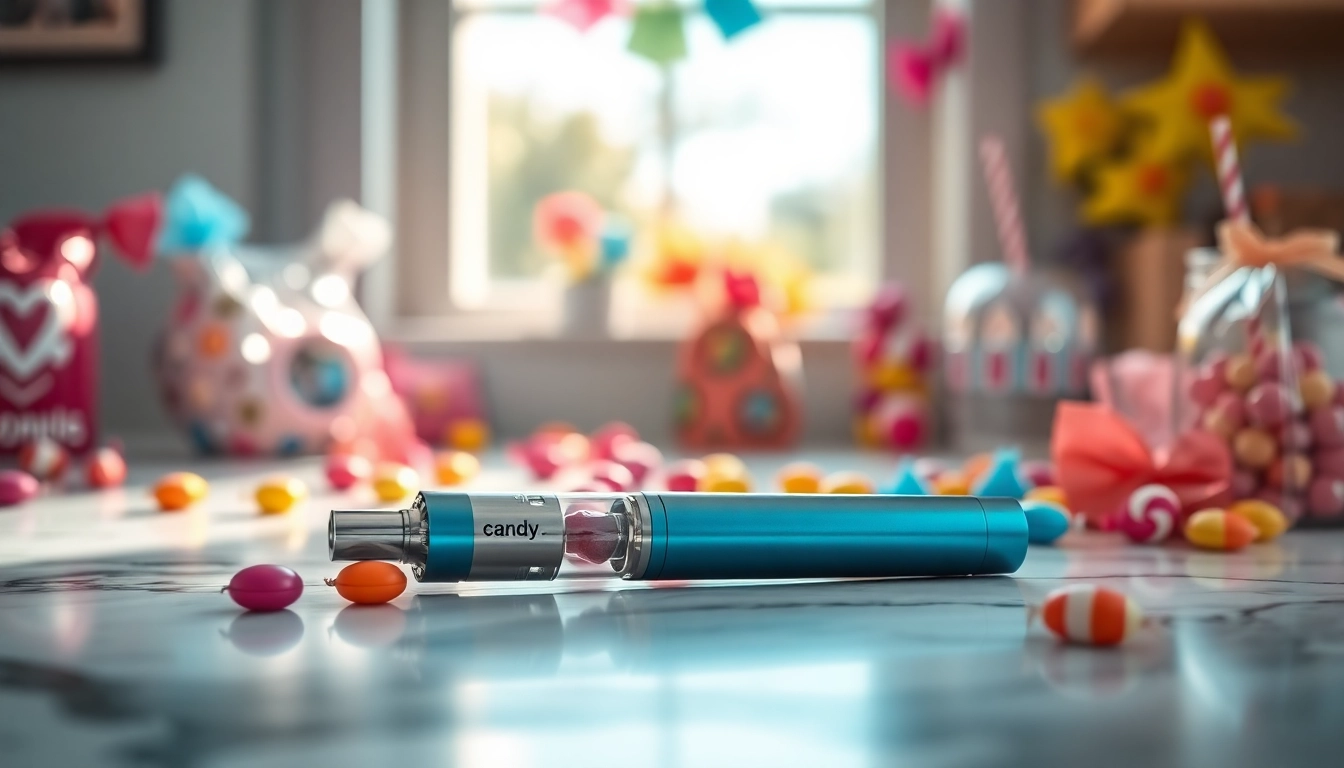 Showcasing a candy vape pen next to colorful candy elements on a marble surface.
