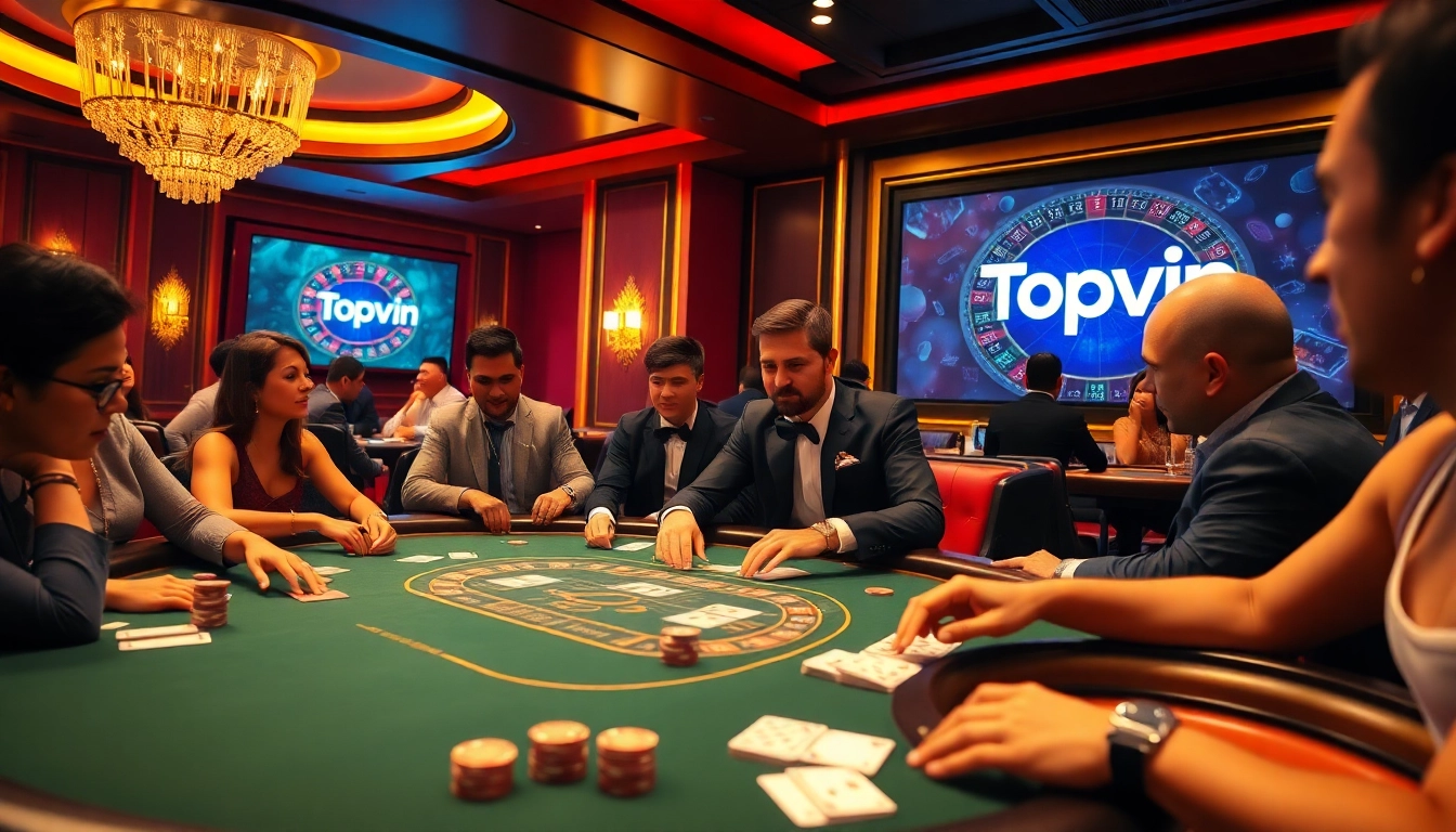Gamblers enjoying a high-stakes poker game at Topvin casino with luxurious ambiance.