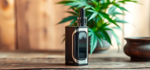 Explore thc weed vape device on wooden table with lush greenery in serene ambiance.