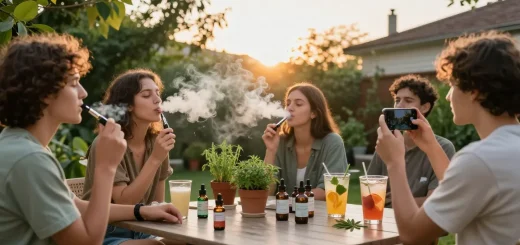 Weed vape experience with friends in a natural wellness setting, highlighting organic CBD products and relaxation.